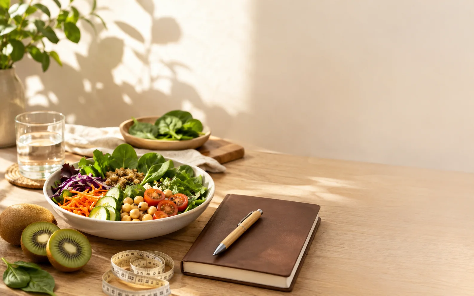 Refeição colorida e caderno numa mesa de trabalho nutricional